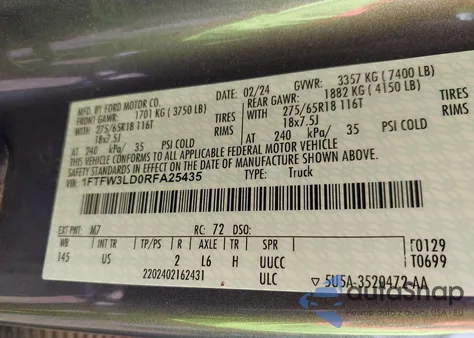 2024 Ford F150 Xlt z USA, uszkodzony, nr VIN 1FTFW3LD0RFA25435